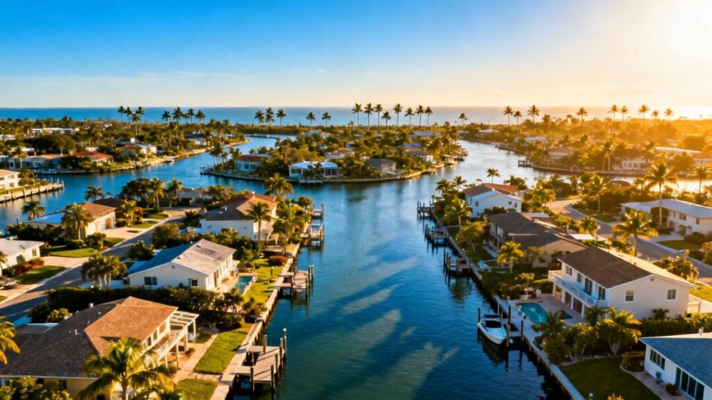Cape Coral canals and waterfront homes under a sunny sky.