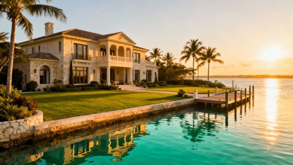Luxury waterfront mansion with palm trees and a private dock.