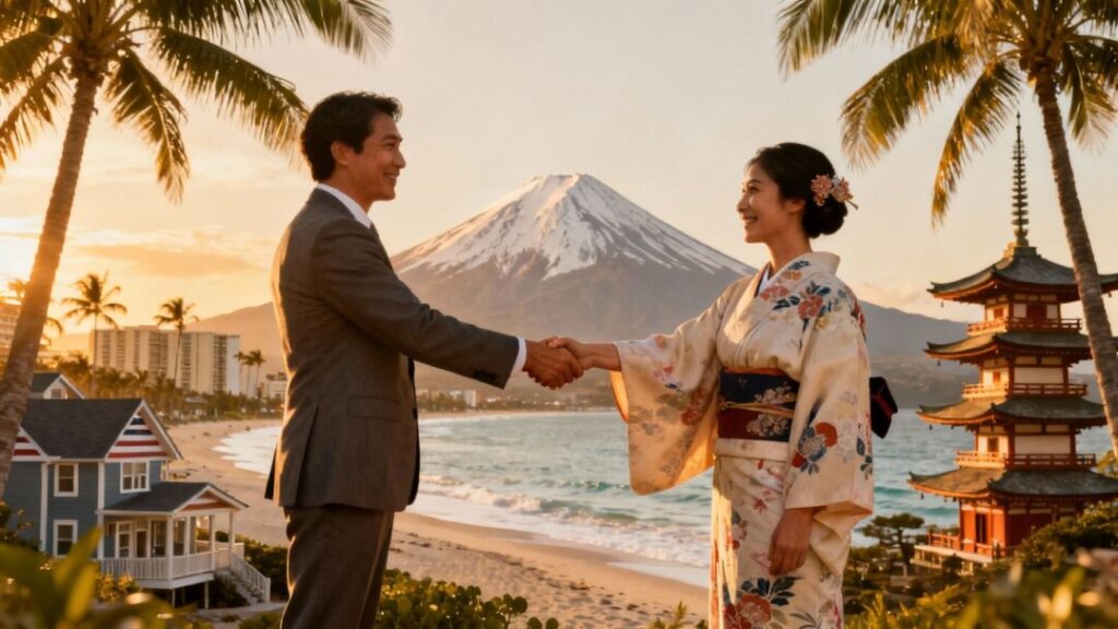 Florida and Japan real estate leaders shaking hands.