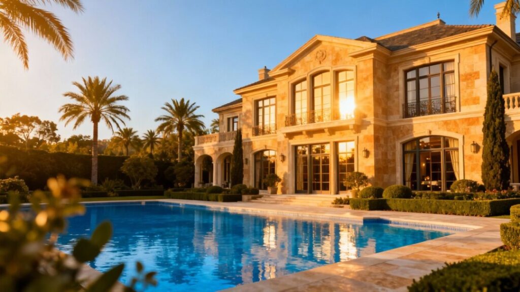 Ultra-luxury mansion with pool and palm trees.
