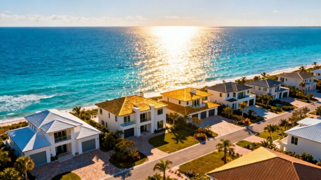 Florida coastline with luxury homes and ocean.