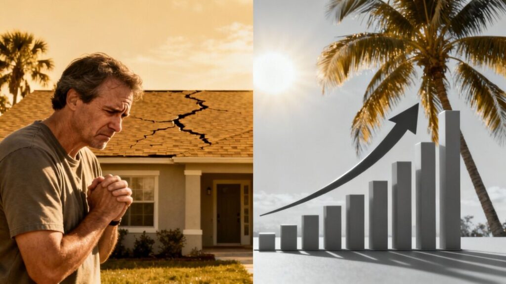 Florida home prices debate: soaring graph and worried homeowner.