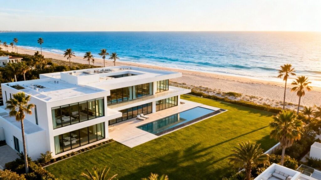 Modern beachfront mansion with ocean view.