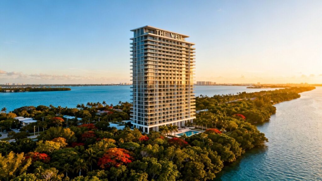 Aerial view of THE WELL Coconut Grove luxury condo development surrounded by lush greenery and Biscayne Bay