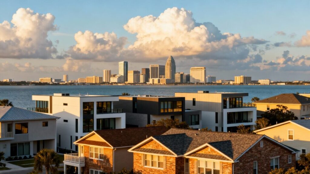 Tampa Bay skyline with houses, calm atmosphere.