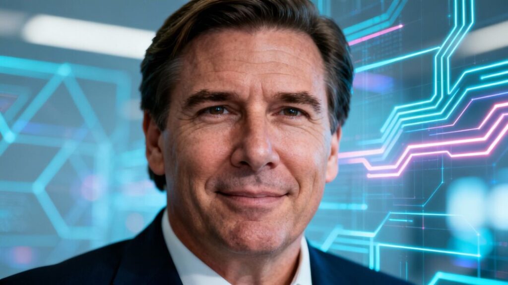 [Ron DeSantis] discusses AI regulation with a futuristic digital backdrop.