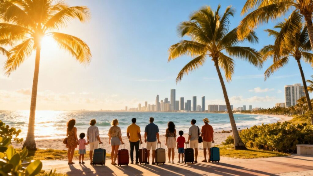 Florida coast with people arriving from a city.