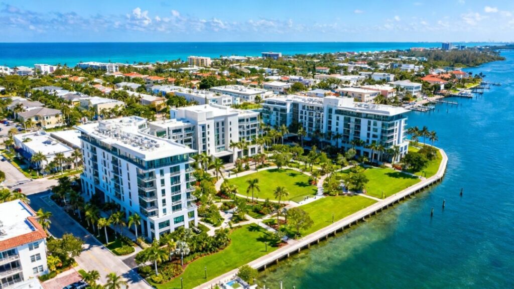 Florida coastal town redevelopment with modern buildings and waterfront.