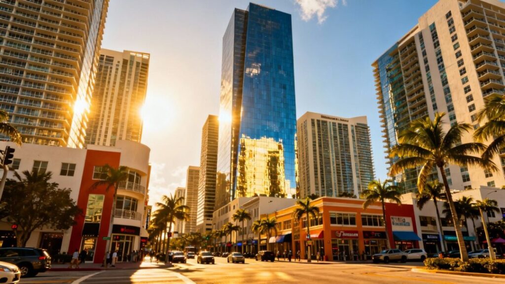 Florida cityscape with skyscrapers and commercial buildings.