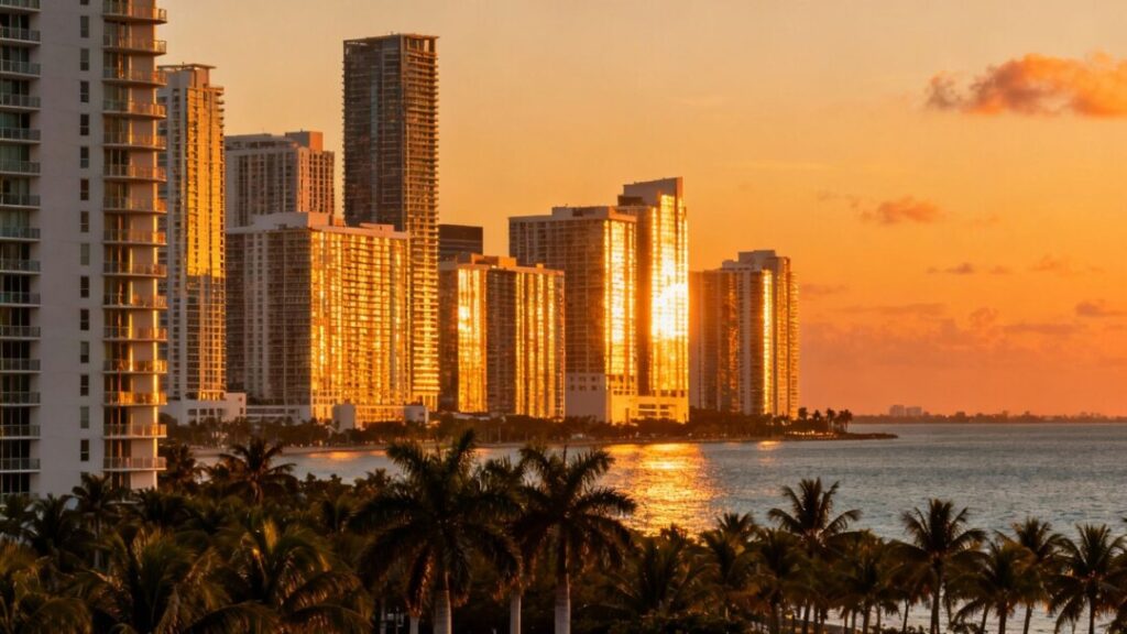 Miami skyline with palm trees and ocean.