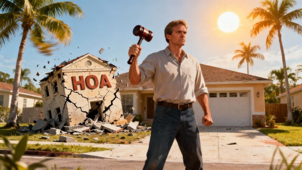 Florida homeowner with gavel dissolving HOA building.