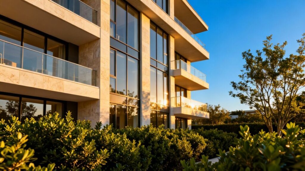 Revv Hollywood apartment building exterior with greenery.