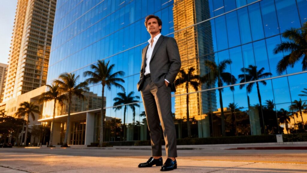 Paulo Bacchi in front of a Miami luxury skyscraper.