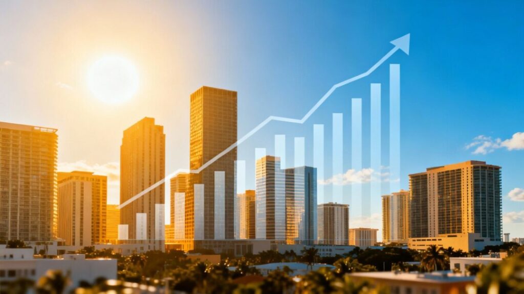 Florida skyline with skyscrapers and a rising graph.