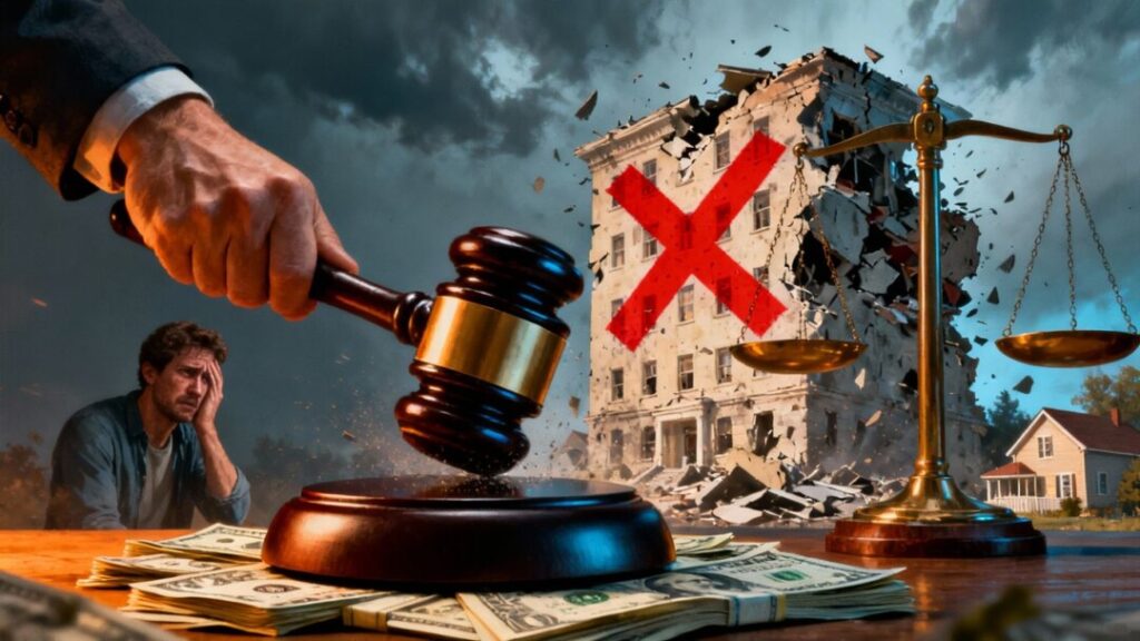 Gavel striking money, homeowner distress, building crumbling, scales of justice.