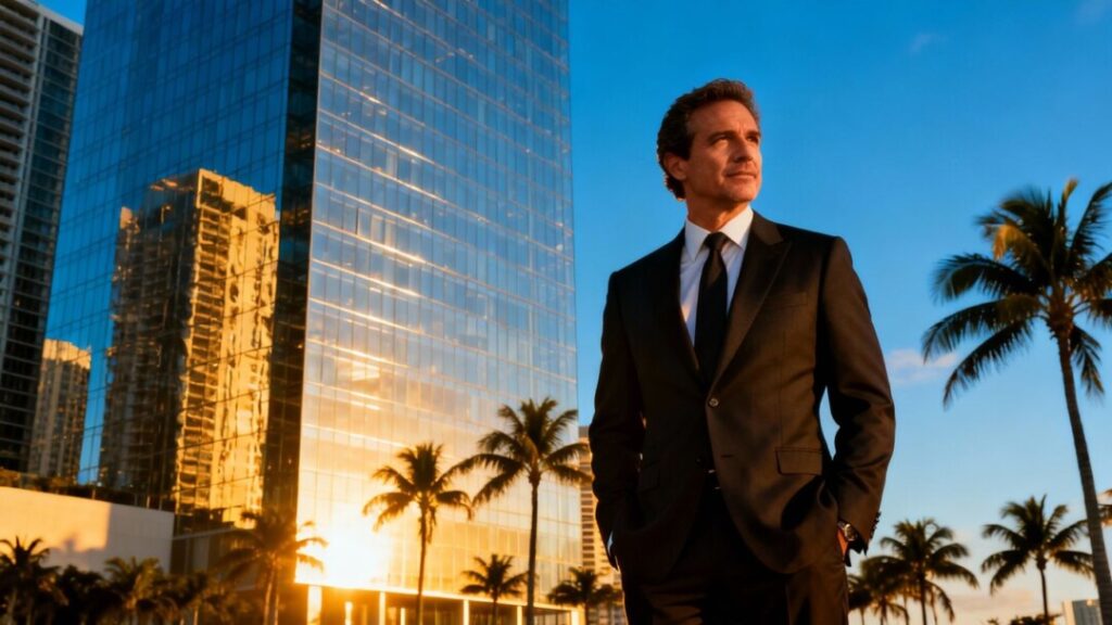 Paulo Bacchi in front of a Miami luxury skyscraper.