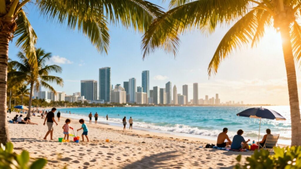 Miami skyline and families enjoying a sunny beach.