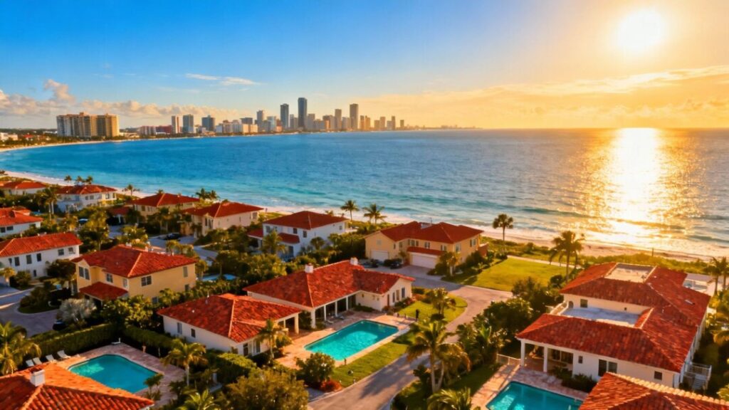 Florida homes and coastline under a bright sky.