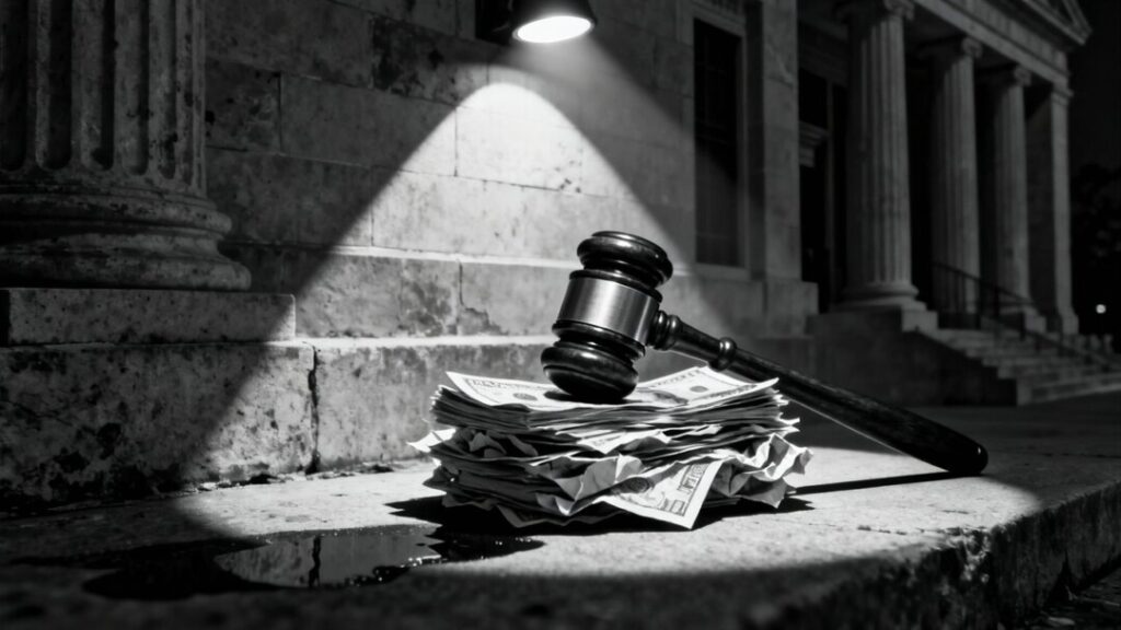 Courthouse with gavel and money, symbolizing investigation.