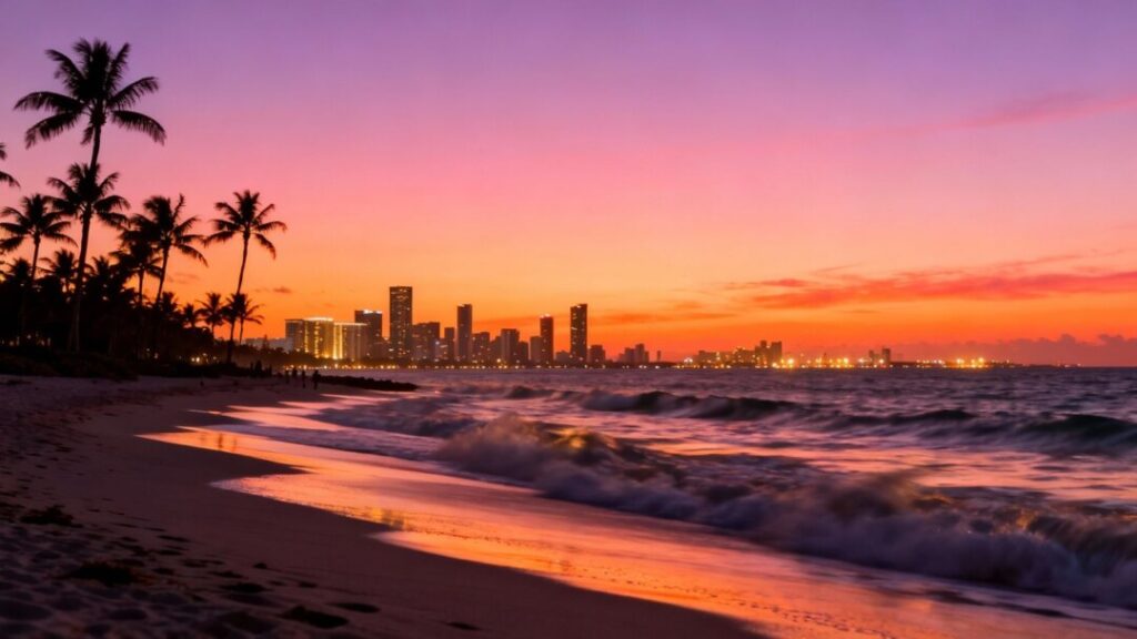 Miami cityscape with beach and palm trees at sunset.