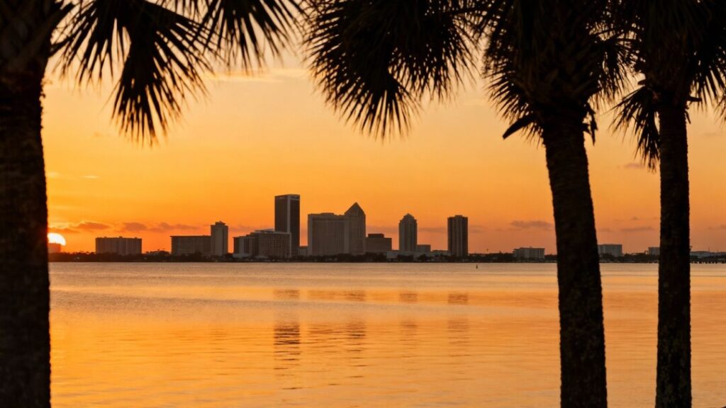 Tampa Bay skyline at sunset with calm water.