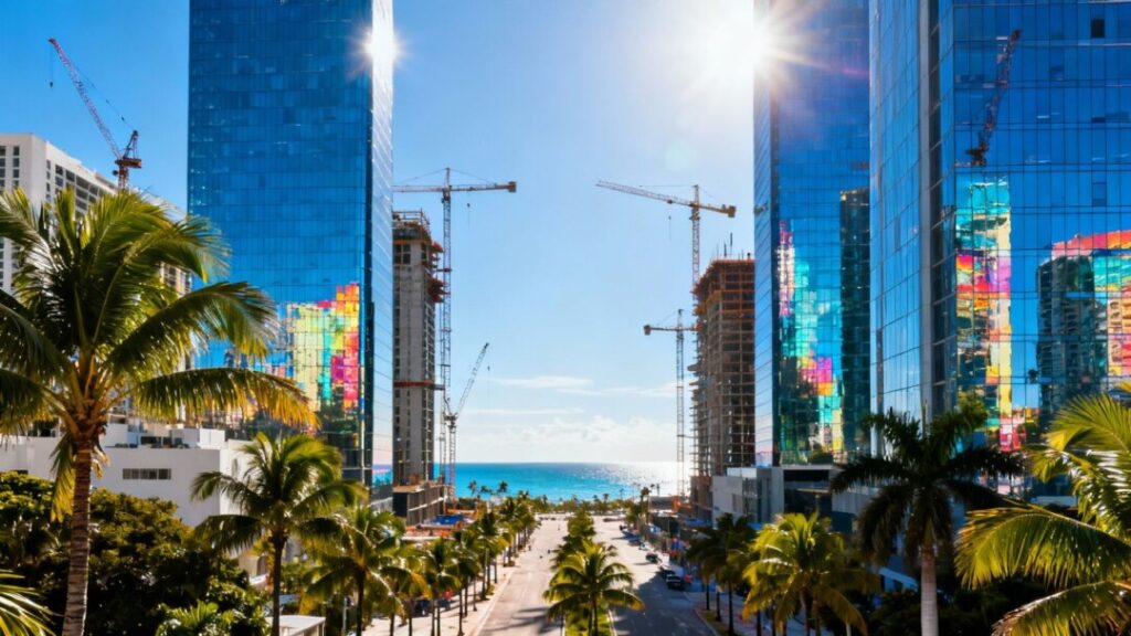 South Florida skyline with skyscrapers and palm trees.