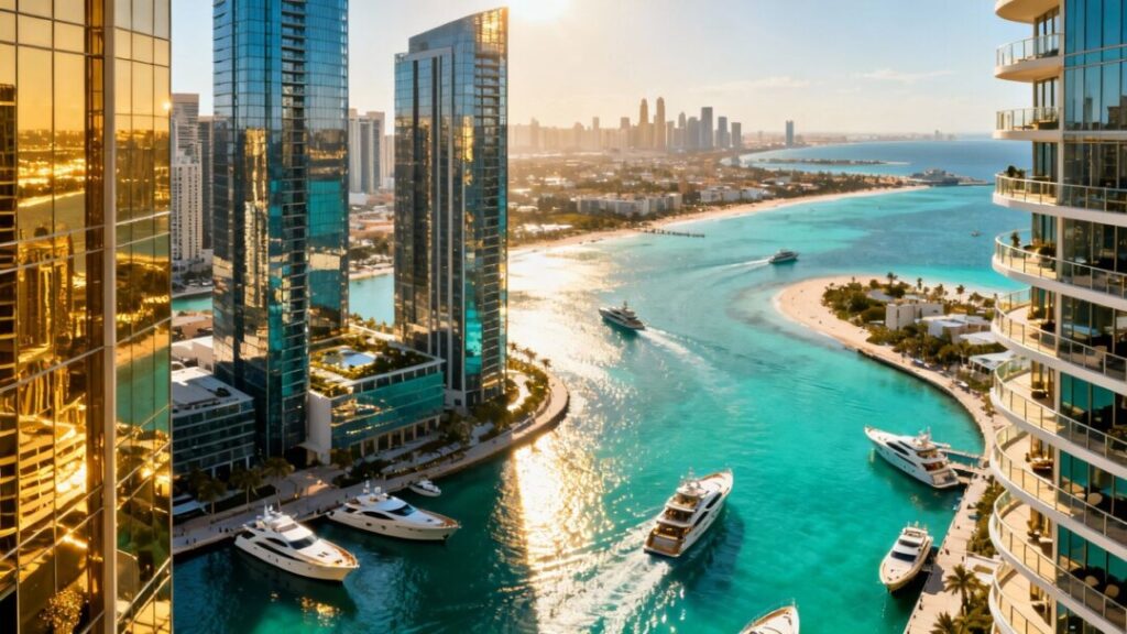 Luxury condos in Brickell and Miami Beach overlooking water.