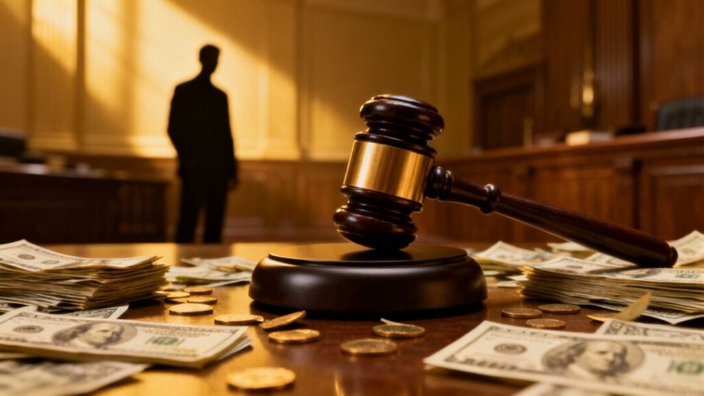 Gavel, money, and courthouse symbolizing legal investigation.