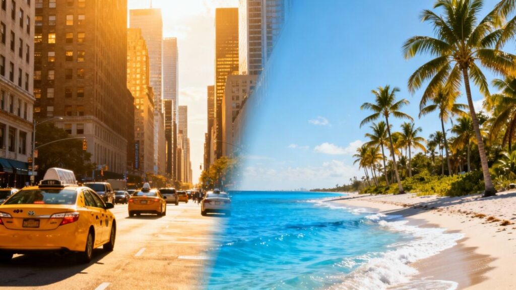 NYC skyline transitions to sunny South Florida beach scene.