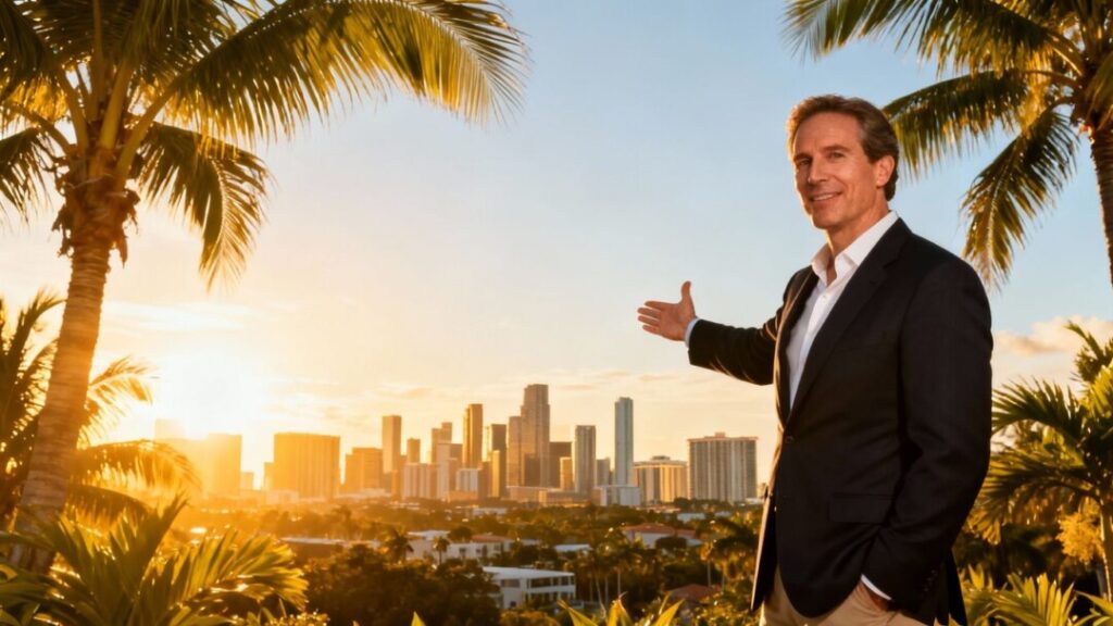 Jonathan Blum with South Florida skyline and palm trees.