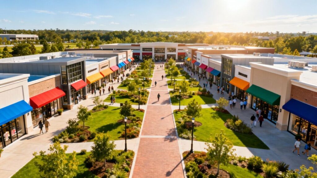 Aerial view of a large retail complex in Florida or South Carolina.