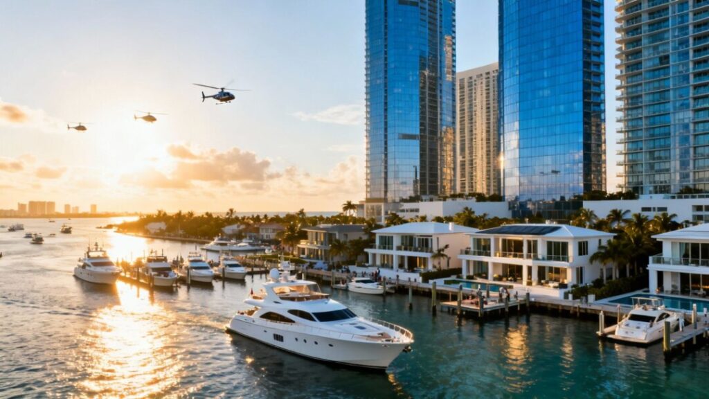 Florida coastline with skyscrapers, luxury homes, and yachts.