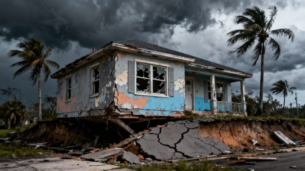 Florida home with cracked foundation under stormy sky.
