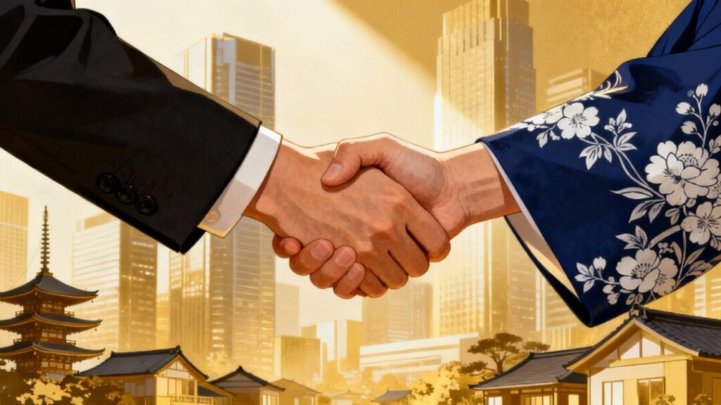 Florida and Japan real estate partnership handshake.