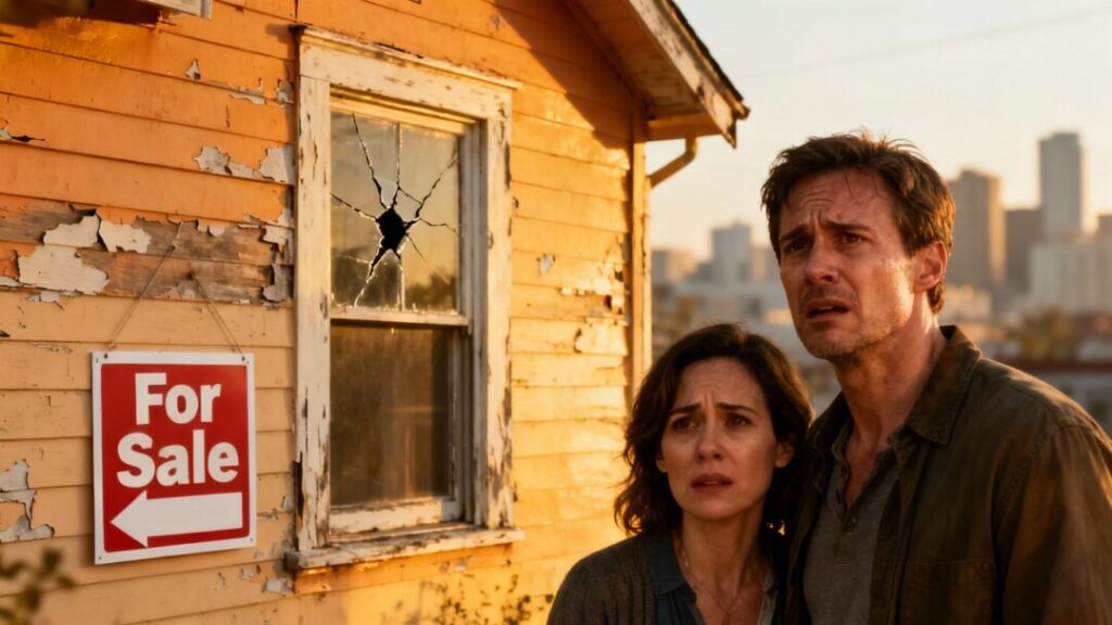Couple looking at a house with a for sale sign.