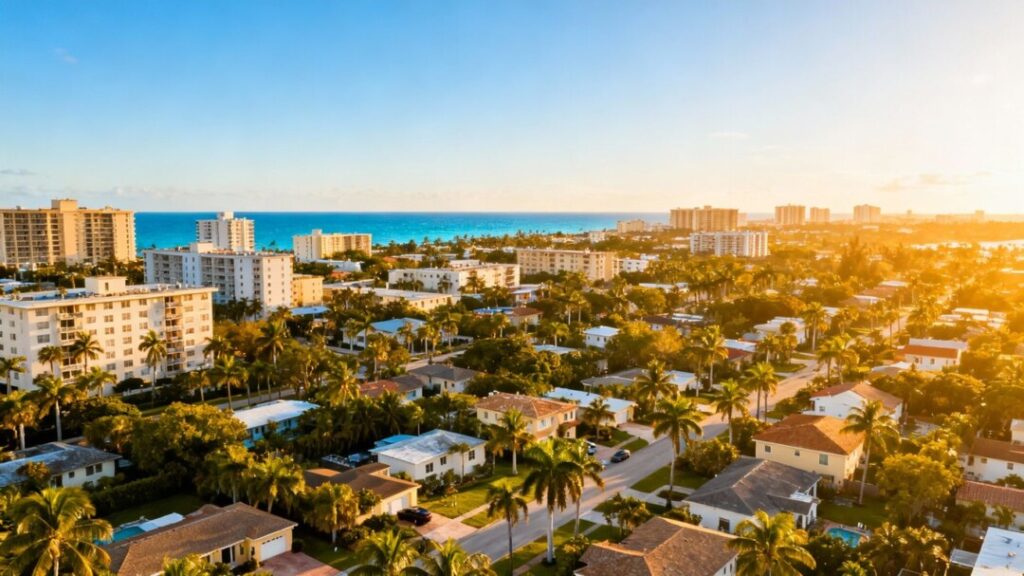 South Florida homes with palm trees and ocean view.