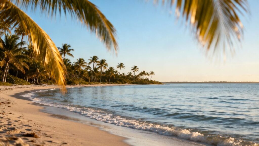 Florida coast with calm waves and palm trees.