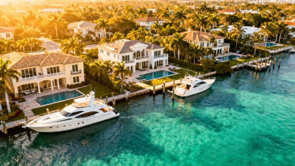 Luxury waterfront mansions in Fort Lauderdale with yachts.