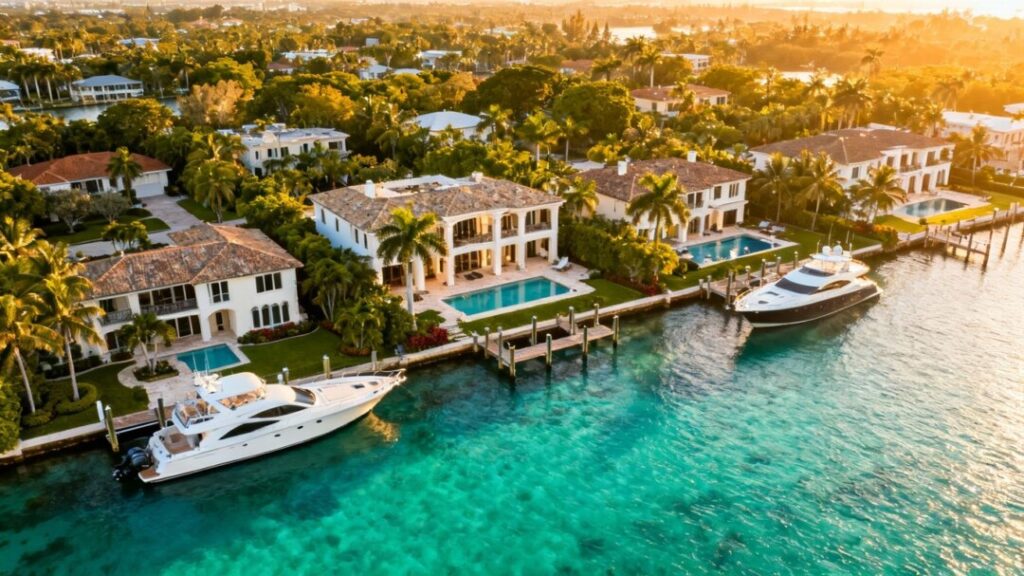 Luxury waterfront mansions in Fort Lauderdale with yachts.