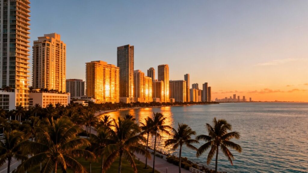 Miami skyline with palm trees and ocean.