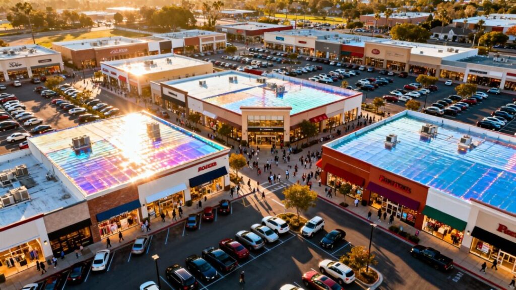 Retail shopping center with storefronts and parking lot.
