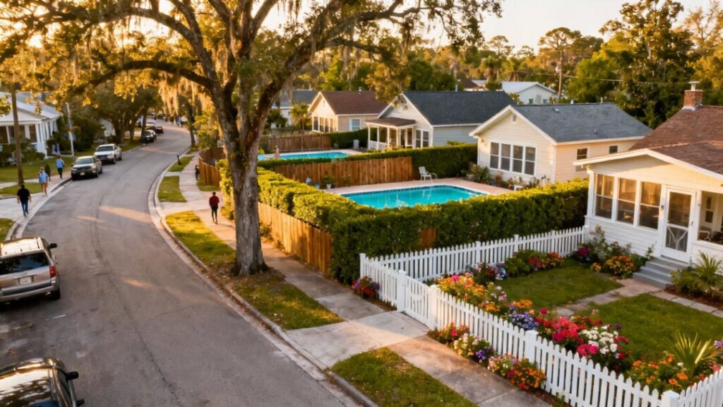 DeLand neighborhood with houses and swimming pools.