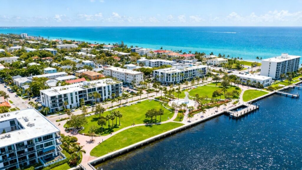 Florida coastal town redevelopment with modern buildings and waterfront.