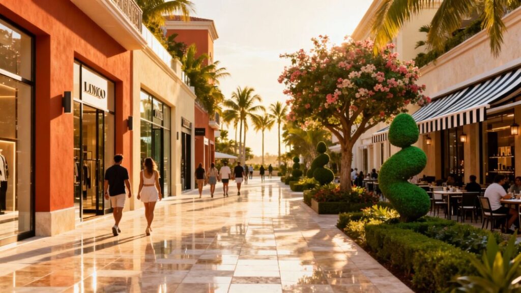 Open-air shopping center with storefronts and walkways.
