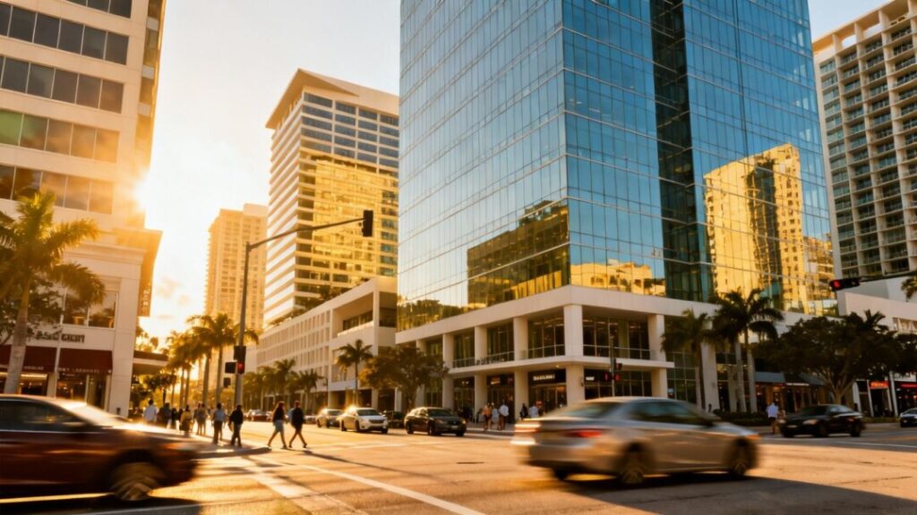 Broward County commercial buildings and busy street scene.