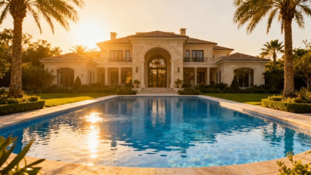 Luxury mansion with pool and palm trees