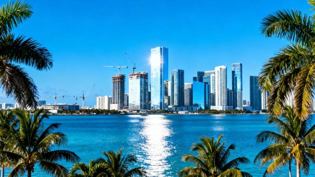 Miami skyline with new luxury construction and palm trees.
