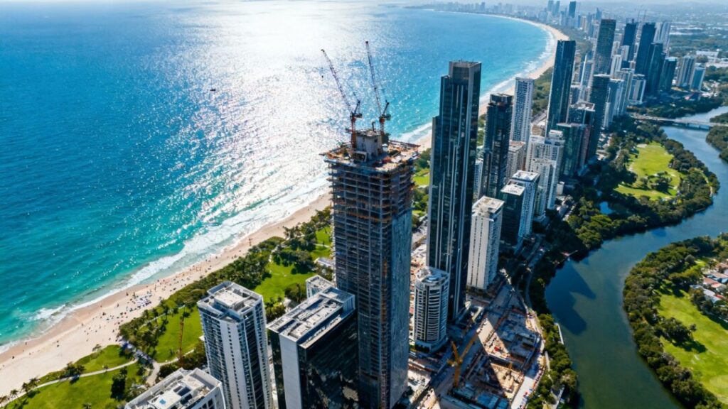 Miami skyline with new construction and ocean views.
