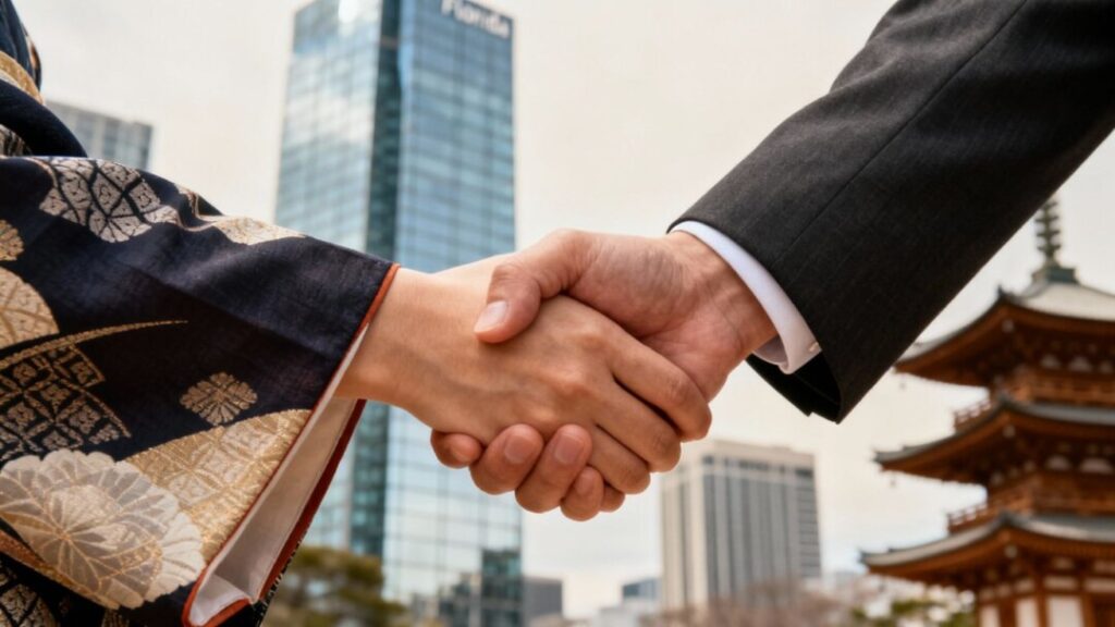 Florida and Japan real estate professionals shaking hands.
