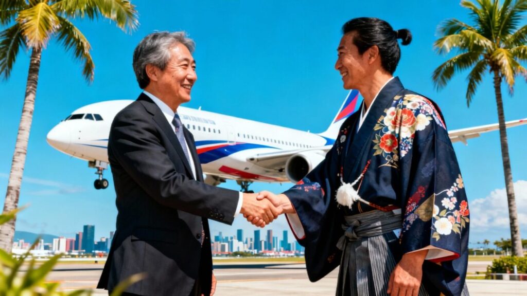 Florida and Japan partnership handshake with airplane.